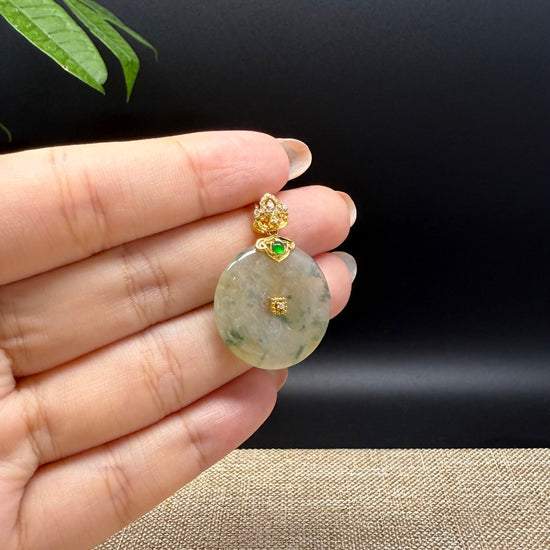 "Good Luck Button" Icy Yellow Green Jadeite Jade Lucky KouKou Pendant With 18K Yellow Gold Bail