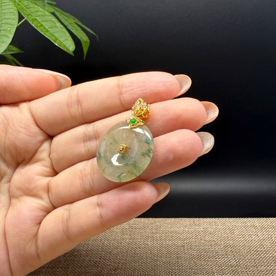 "Good Luck Button" Icy Yellow Green Jadeite Jade Lucky KouKou Pendant With 18K Yellow Gold Bail