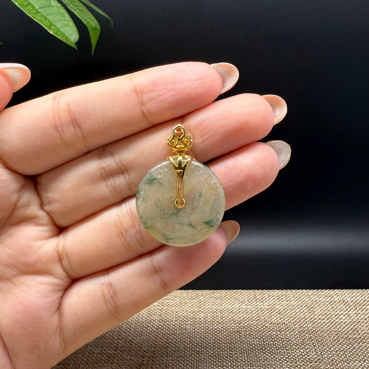 "Good Luck Button" Icy Yellow Green Jadeite Jade Lucky KouKou Pendant With 18K Yellow Gold Bail