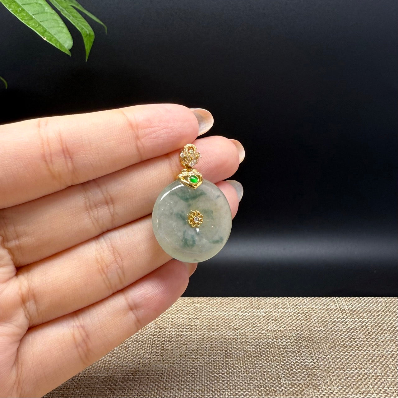 "Good Luck Button" icy Yellow Green Jadeite Jade Lucky KouKou Pendant With 18K Yellow Gold Bail