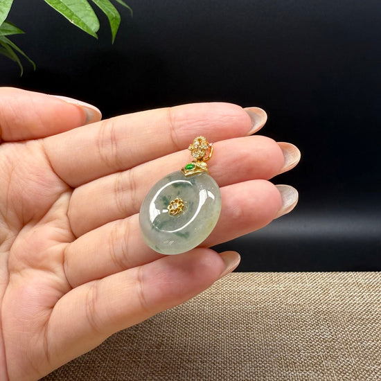 "Good Luck Button" icy Yellow Green Jadeite Jade Lucky KouKou Pendant With 18K Yellow Gold Bail