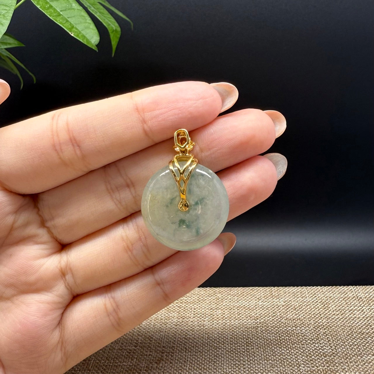 "Good Luck Button" icy Yellow Green Jadeite Jade Lucky KouKou Pendant With 18K Yellow Gold Bail