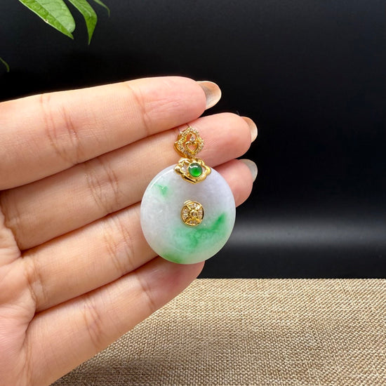 "Good Luck Button" Lavender Green Jadeite Jade Lucky KouKou Pendant With 18K Yellow Gold Bail