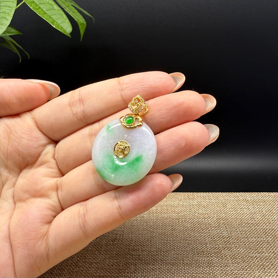 "Good Luck Button" Lavender Green Jadeite Jade Lucky KouKou Pendant With 18K Yellow Gold Bail