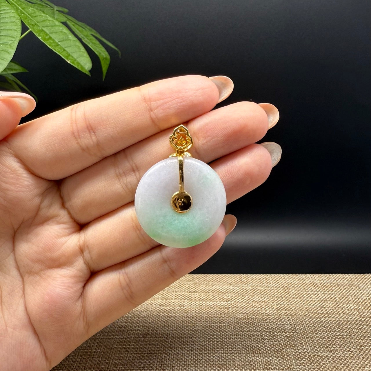 "Good Luck Button" Lavender Green Jadeite Jade Lucky KouKou Pendant With 18K Yellow Gold Bail