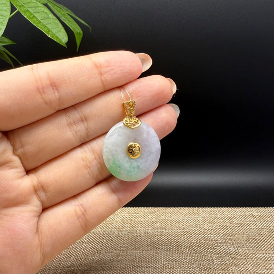 "Good Luck Button" Lavender Green Jadeite Jade Lucky KouKou Pendant With 18K Yellow Gold Bail