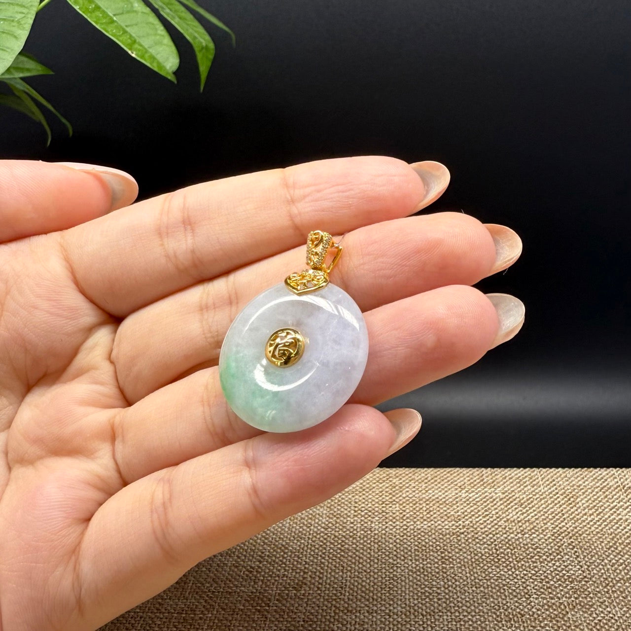 "Good Luck Button" Lavender Green Jadeite Jade Lucky KouKou Pendant With 18K Yellow Gold Bail