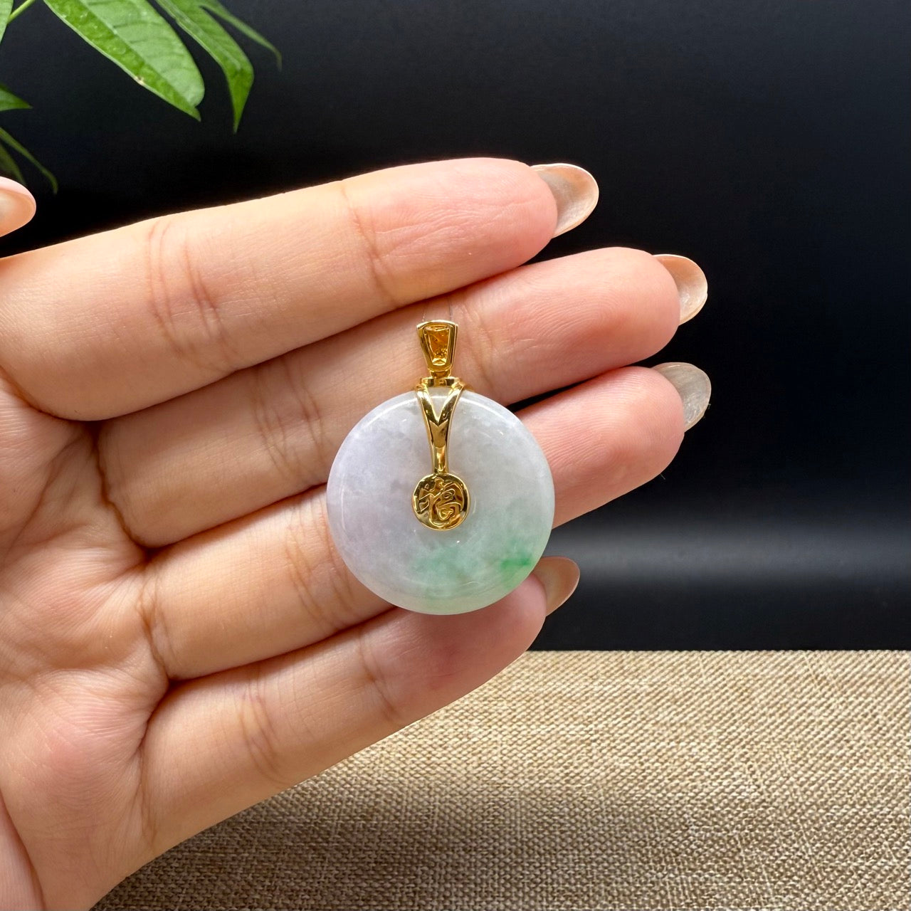 "Good Luck Button" Lavender Green Jadeite Jade Lucky KouKou Pendant With 18K Yellow Gold Bail