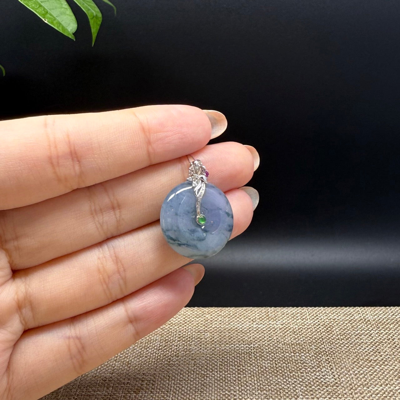 "Good Luck Button" Blue Lavender Jadeite Jade Lucky KouKou Pendant With 18K White Gold Bail