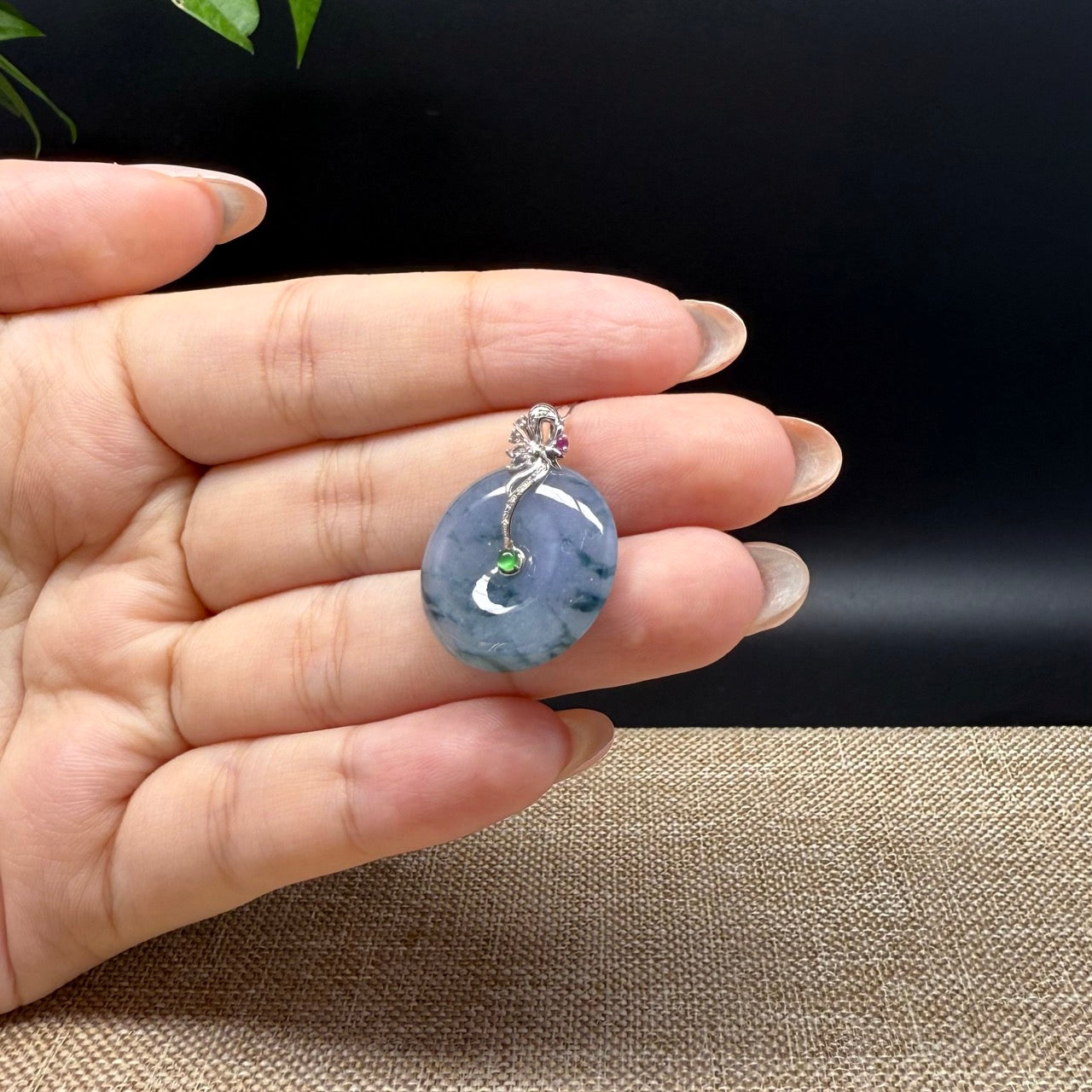 "Good Luck Button" Blue Lavender Jadeite Jade Lucky KouKou Pendant With 18K White Gold Bail