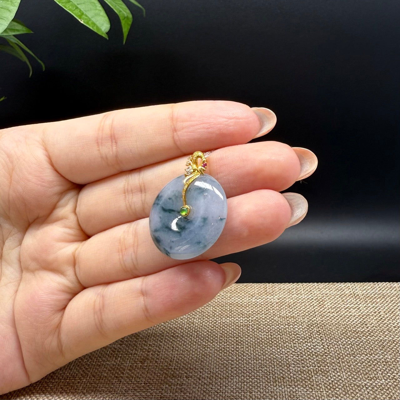 "Good Luck Button" Blue Lavender Jadeite Jade Lucky KouKou Pendant With 18K Yellow Gold Bail