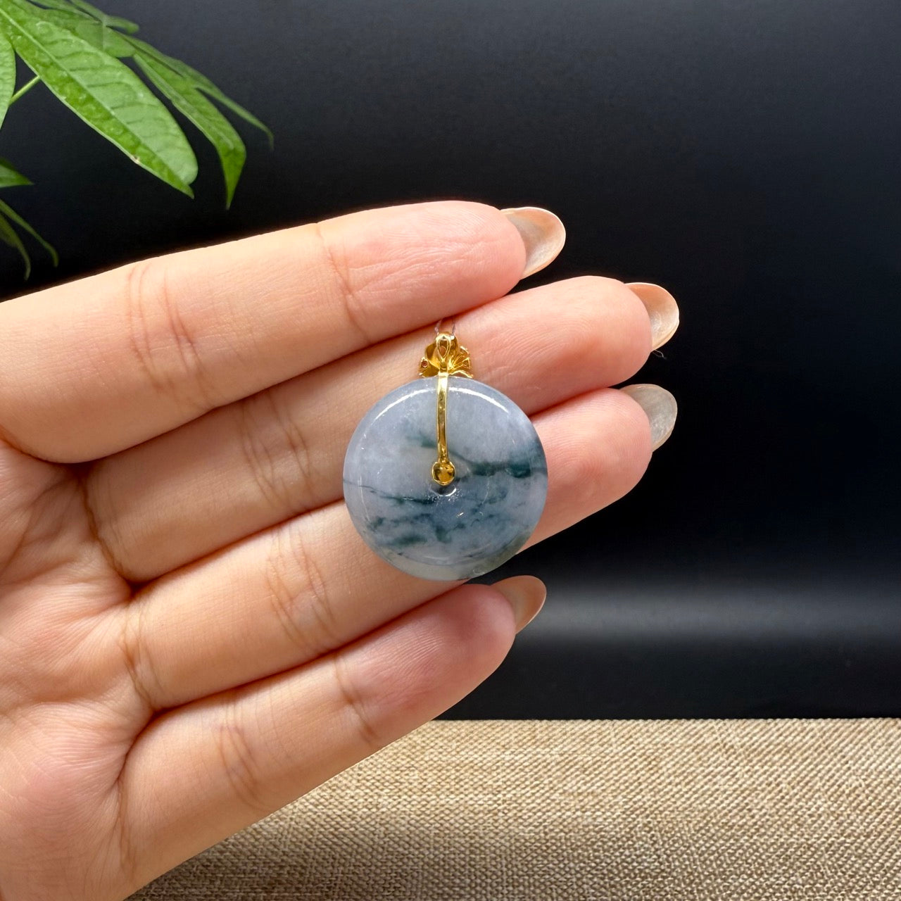 "Good Luck Button" Blue Lavender Jadeite Jade Lucky KouKou Pendant With 18K Yellow Gold Bail