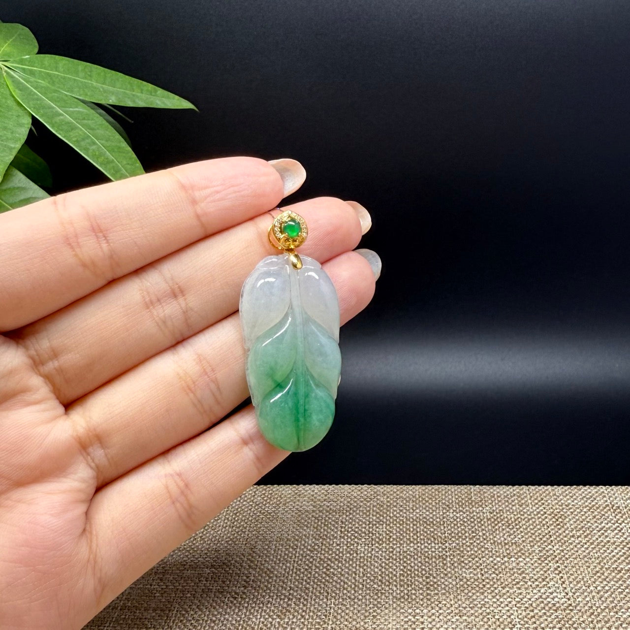 RealJade® Co. Genuine Ice Green Jadeite Jade Jin Zhi Yu Ye (Leaf) Necklace With 18K Yellow Gold Bail