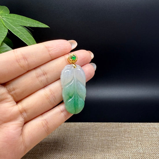 RealJade® Co. Genuine Ice Green Jadeite Jade Jin Zhi Yu Ye (Leaf) Necklace With 18K Yellow Gold Bail