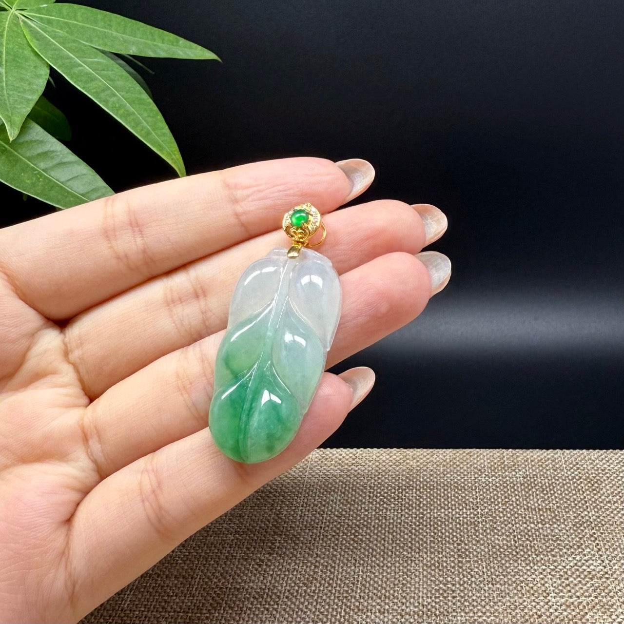 RealJade® Co. Genuine Ice Green Jadeite Jade Jin Zhi Yu Ye (Leaf) Necklace With 18K Yellow Gold Bail