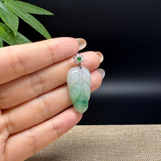 RealJade® Co. Genuine Ice Green Jadeite Jade Jin Zhi Yu Ye (Leaf) Necklace With 18K White Gold Bail