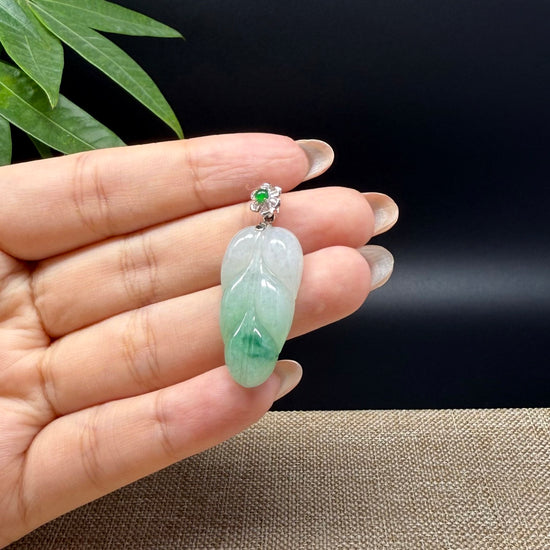 RealJade® Co. Genuine Ice Green Jadeite Jade Jin Zhi Yu Ye (Leaf) Necklace With 18K White Gold Bail