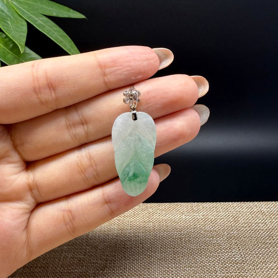 RealJade® Co. Genuine Ice Green Jadeite Jade Jin Zhi Yu Ye (Leaf) Necklace With 18K White Gold Bail