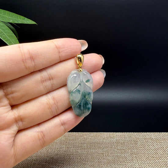 RealJade® Co. Genuine Ice Green Jadeite Jade Jin Zhi Yu Ye (Leaf) Necklace With 18K Yellow Gold Bail