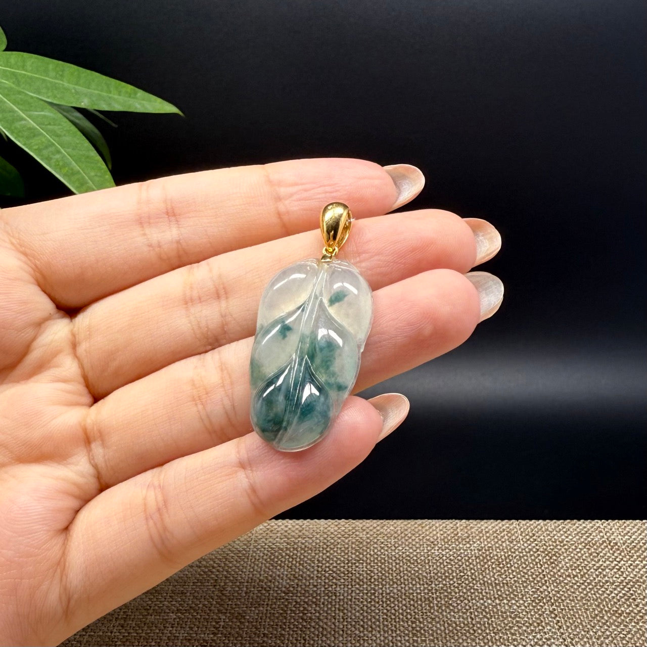 RealJade® Co. Genuine Ice Green Jadeite Jade Jin Zhi Yu Ye (Leaf) Necklace With 18K Yellow Gold Bail