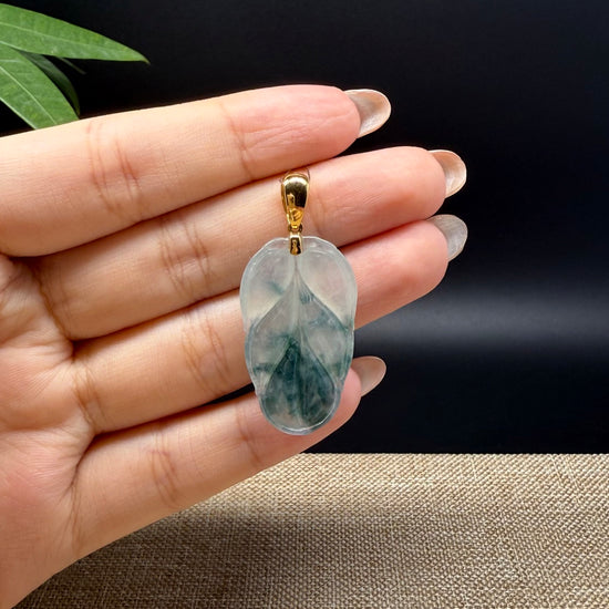 RealJade® Co. Genuine Ice Green Jadeite Jade Jin Zhi Yu Ye (Leaf) Necklace With 18K Yellow Gold Bail