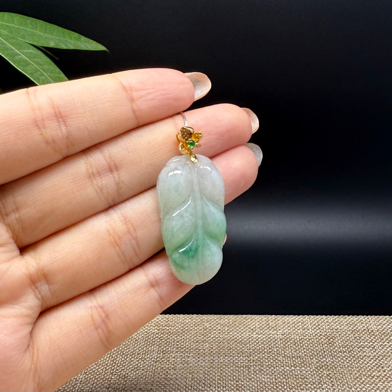 RealJade® Co. Genuine Ice Green Jadeite Jade Jin Zhi Yu Ye (Leaf) Necklace With 18K Yellow Gold Bail