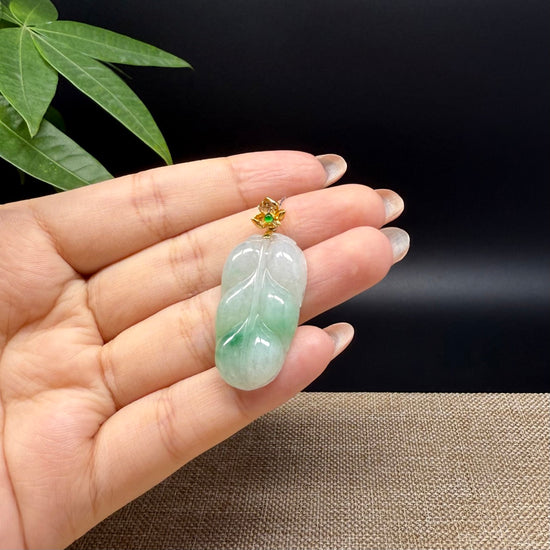 RealJade® Co. Genuine Ice Green Jadeite Jade Jin Zhi Yu Ye (Leaf) Necklace With 18K Yellow Gold Bail