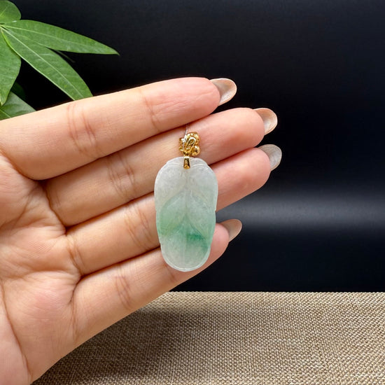 RealJade® Co. Genuine Ice Green Jadeite Jade Jin Zhi Yu Ye (Leaf) Necklace With 18K Yellow Gold Bail