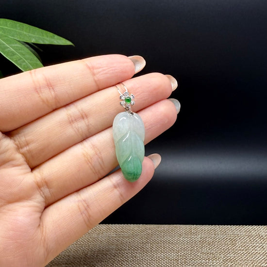 RealJade® Co. Genuine Ice Green Jadeite Jade Jin Zhi Yu Ye (Leaf) Necklace With 18K White Gold Bail