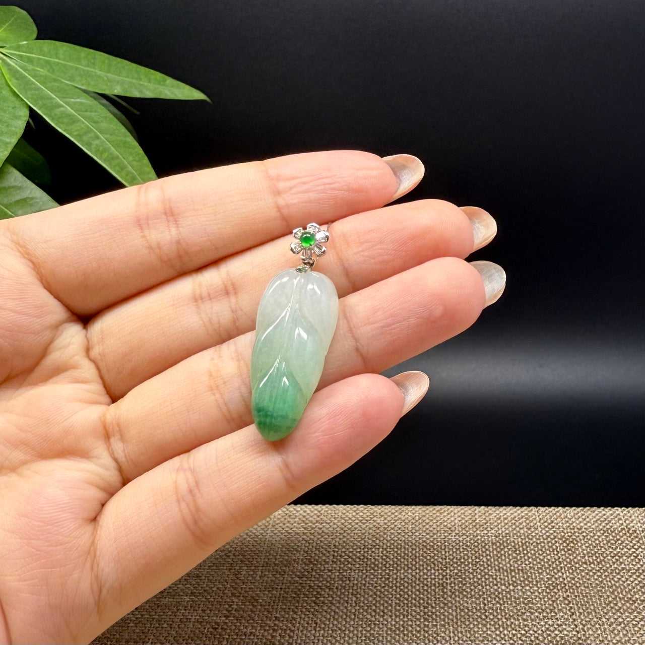 RealJade® Co. Genuine Ice Green Jadeite Jade Jin Zhi Yu Ye (Leaf) Necklace With 18K White Gold Bail