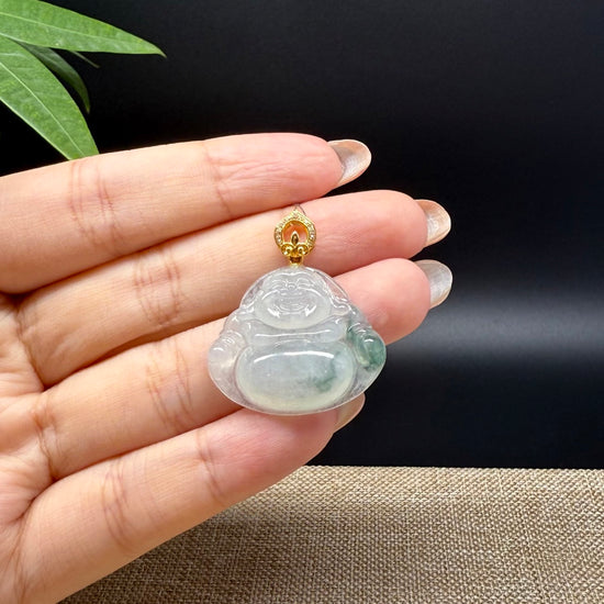 18K Yellow Gold Burmese Icy Green Jadeite Jade Happy Buddha Pendant