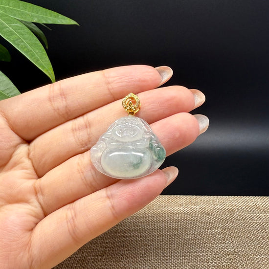 18K Yellow Gold Burmese Icy Green Jadeite Jade Happy Buddha Pendant