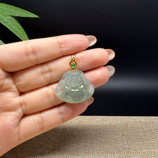 18K Yellow Gold Burmese Icy Green Jadeite Jade Happy Buddha Pendant