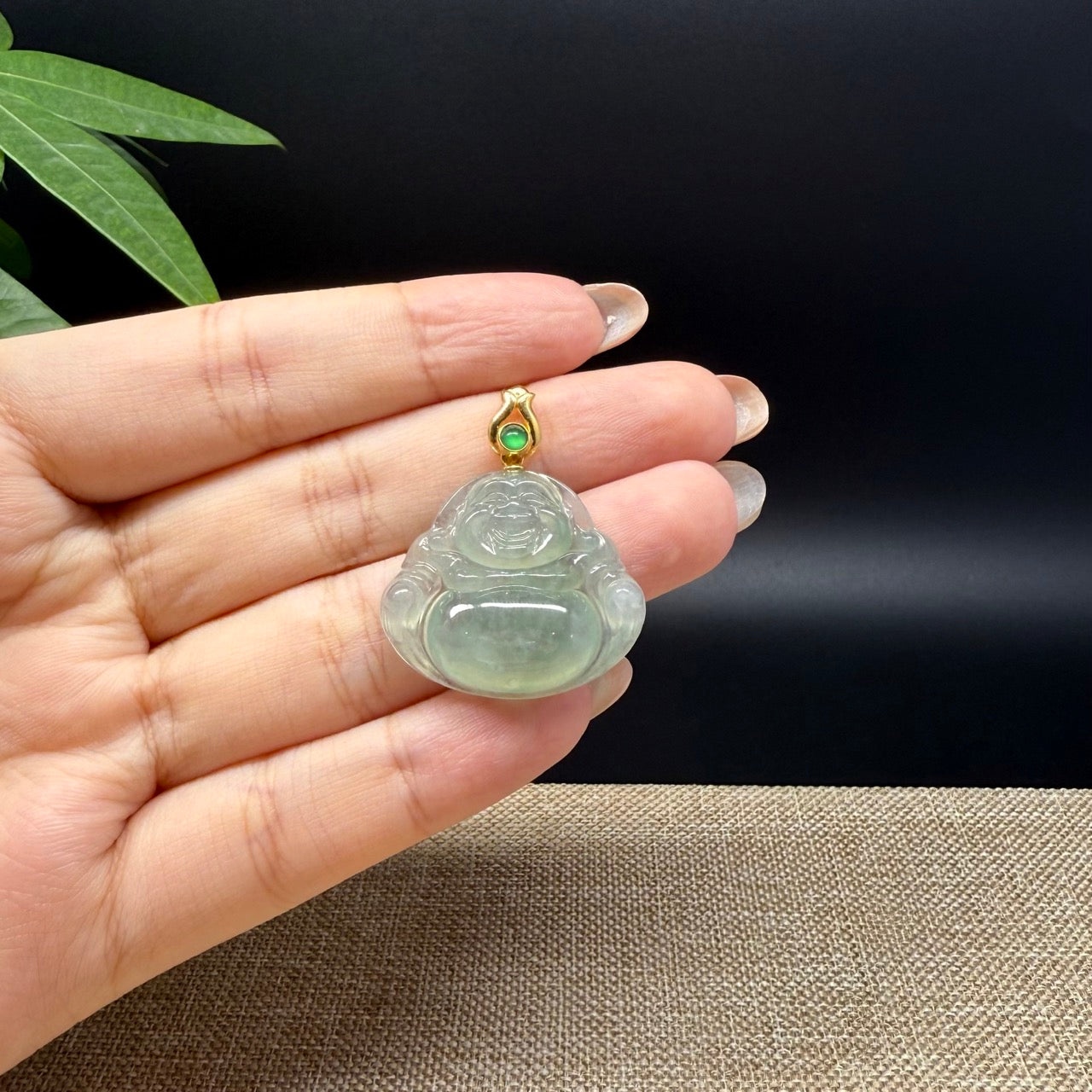 18K Yellow Gold Burmese Icy Green Jadeite Jade Happy Buddha Pendant