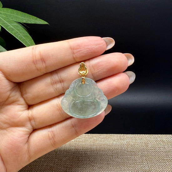 18K Yellow Gold Burmese Icy Green Jadeite Jade Happy Buddha Pendant