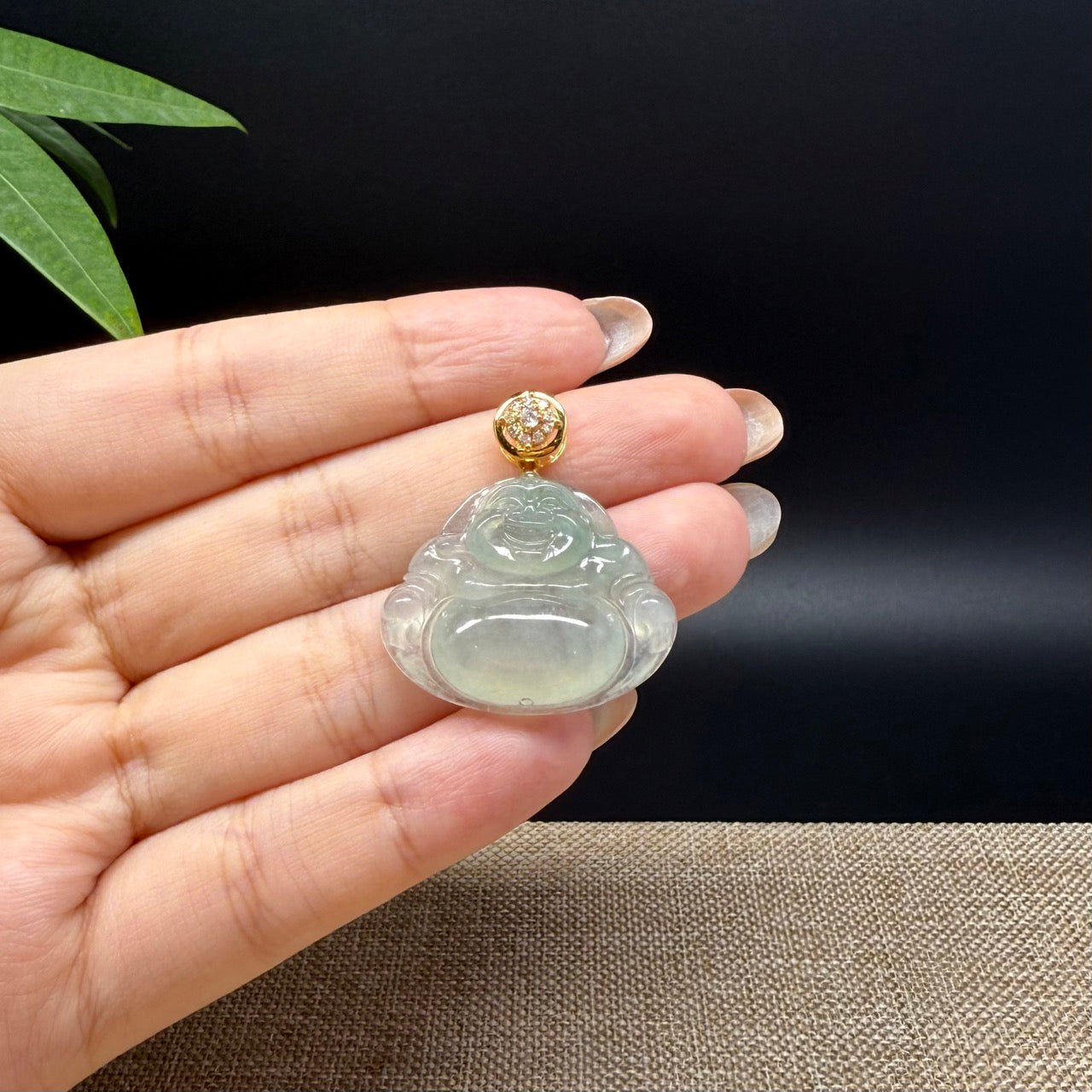 18K Yellow Gold Burmese Icy Green Jadeite Jade Happy Buddha Pendant