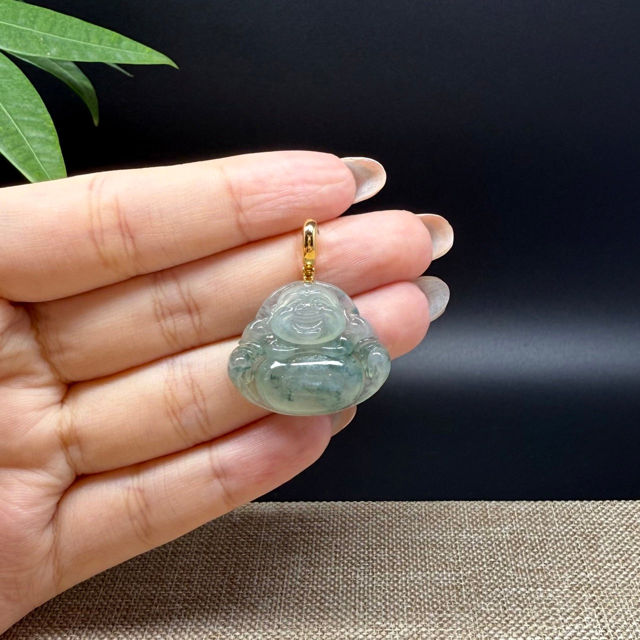 18K Yellow Gold Burmese Icy Green Jadeite Jade Happy Buddha Pendant