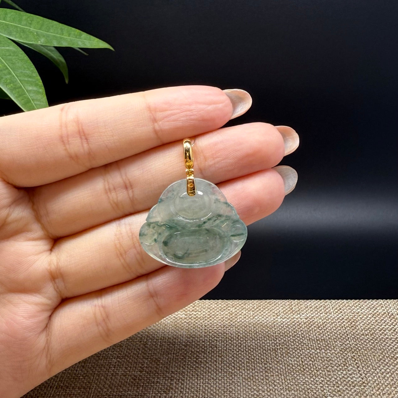 18K Yellow Gold Burmese Icy Green Jadeite Jade Happy Buddha Pendant