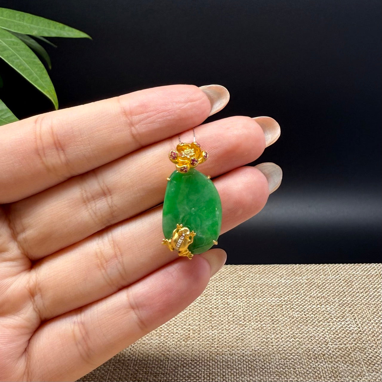 RealJade® Co. Genuine Green Jadeite Jade Good Lotus Leaf Necklace With 18K Yellow Gold Bail