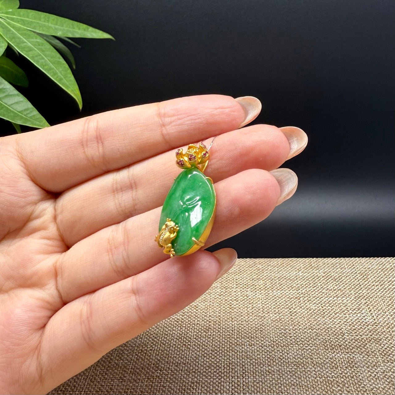 RealJade® Co. Genuine Green Jadeite Jade Good Lotus Leaf Necklace With 18K Yellow Gold Bail