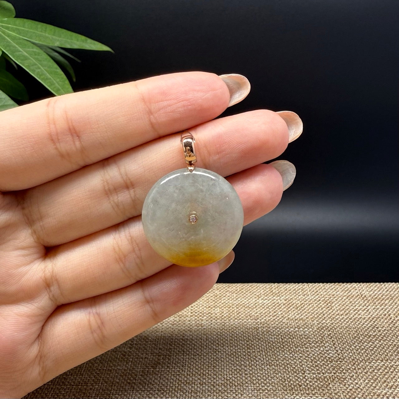 "Good Luck Button" Icy Yellow Jadeite Jade Lucky KouKou Pendant With 18K Rose Gold Bail