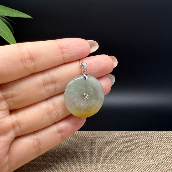 "Good Luck Button" Icy Yellow Green Jadeite Jade Lucky KouKou Pendant With 18K White Gold Bail