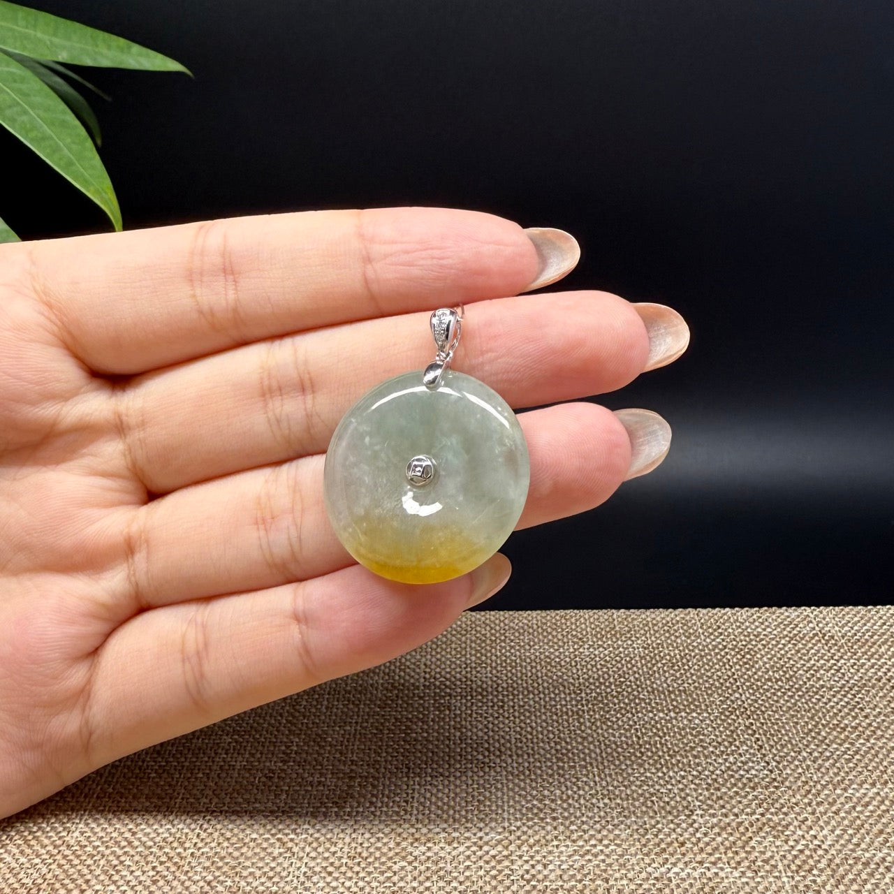 "Good Luck Button" Icy Yellow Green Jadeite Jade Lucky KouKou Pendant With 18K White Gold Bail