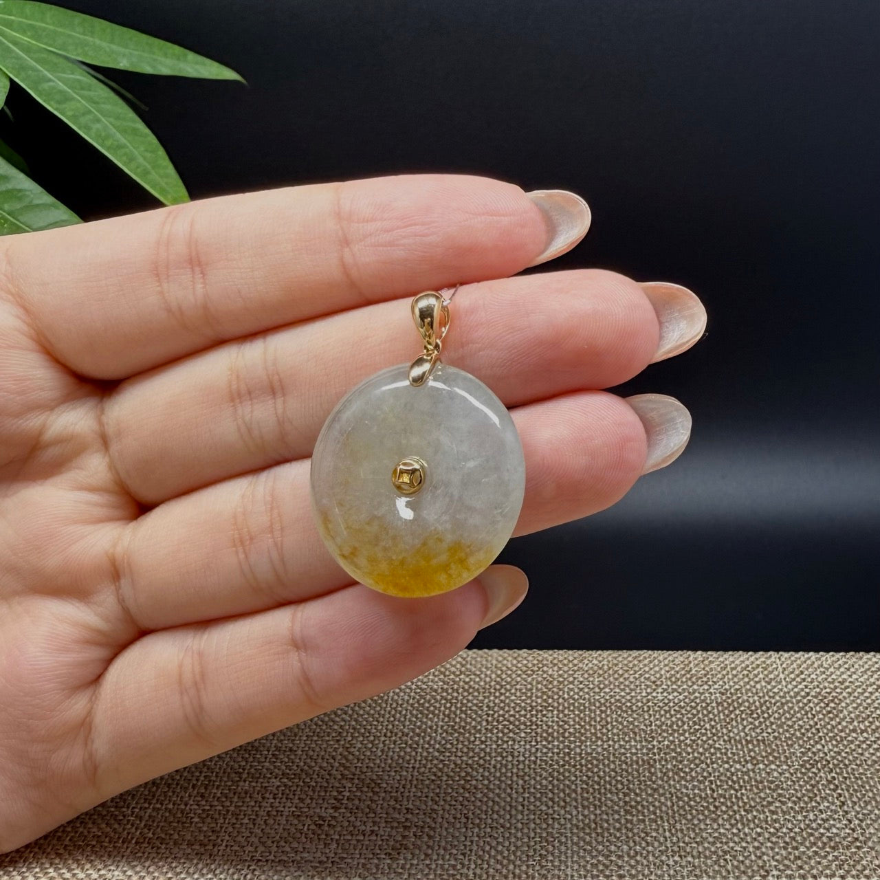 "Good Luck Button" Icy Yellow Jadeite Jade Lucky KouKou Pendant With 18K Yellow Gold Bail