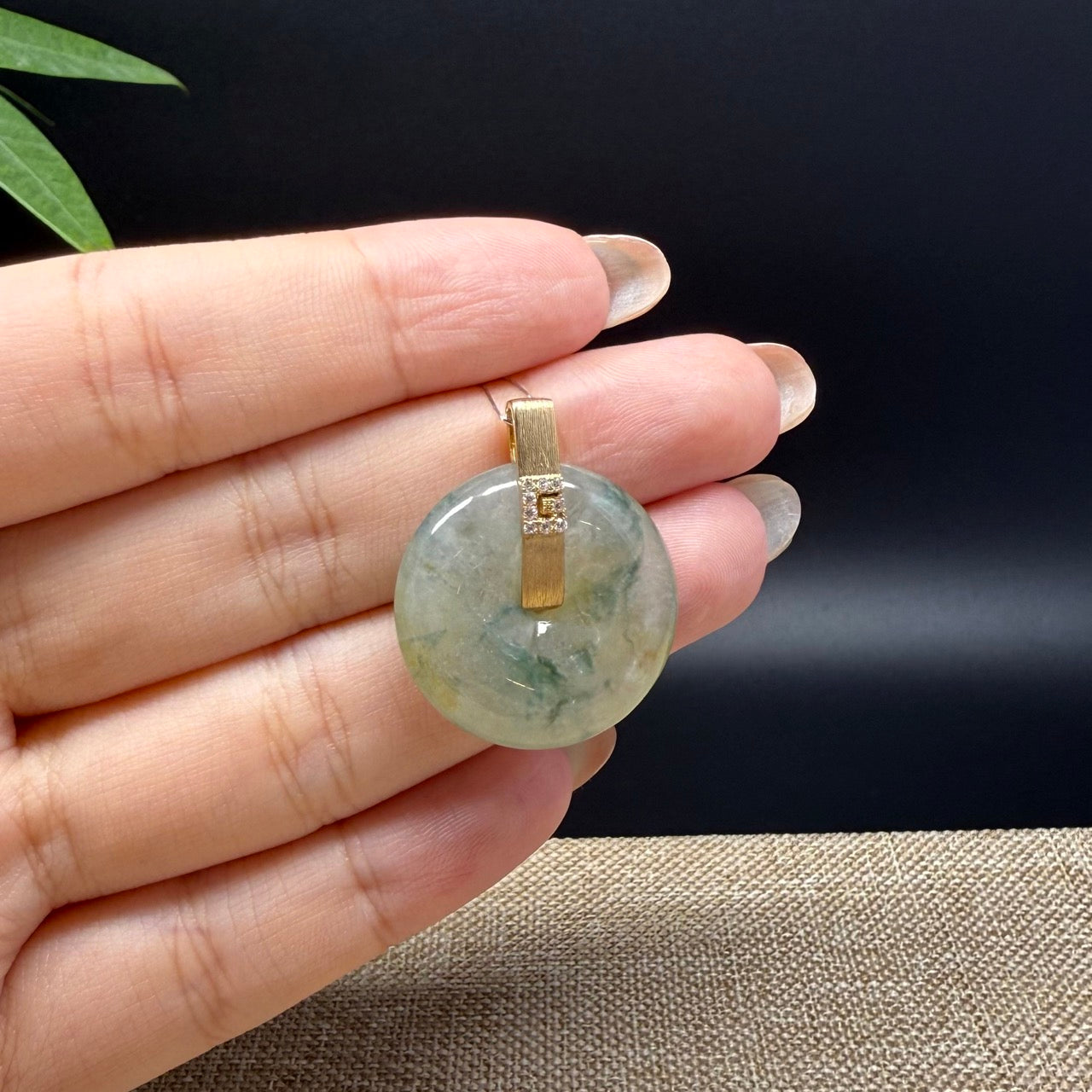 "Good Luck Button" Icy Yellow Green Jadeite Jade Lucky KouKou Pendant With 18K Yellow Gold Bail