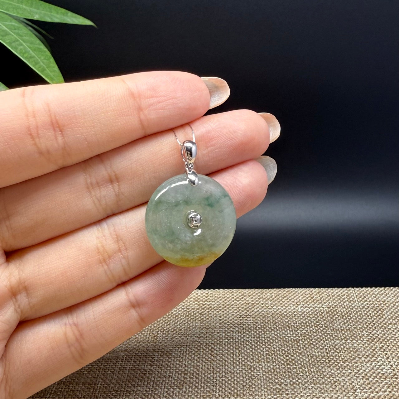 "Good Luck Button" Icy Yellow Green Jadeite Jade Lucky KouKou Pendant With 18K White Gold Bail