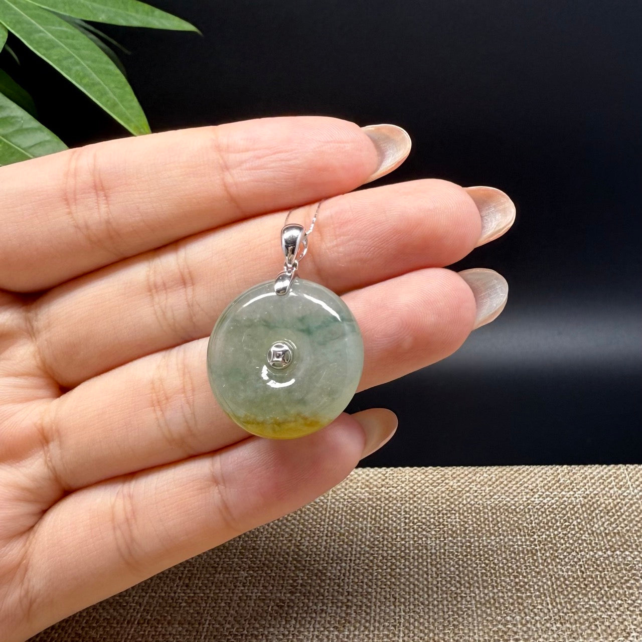 "Good Luck Button" Icy Yellow Green Jadeite Jade Lucky KouKou Pendant With 18K White Gold Bail