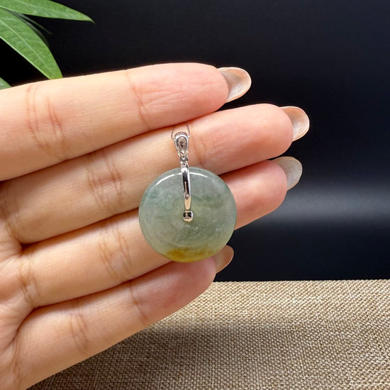 "Good Luck Button" Icy Yellow Green Jadeite Jade Lucky KouKou Pendant With 18K White Gold Bail