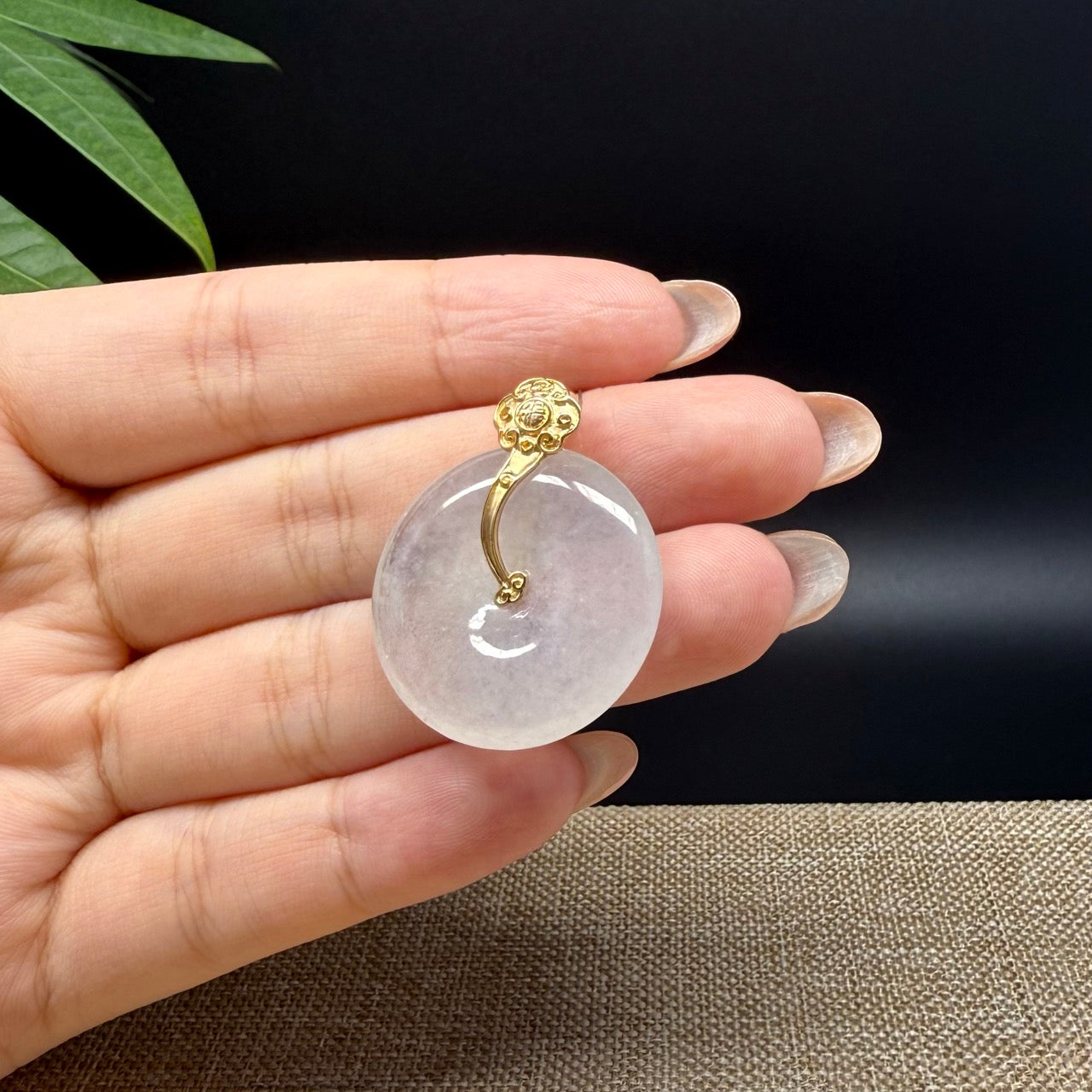 "Good Luck Button" Icy Jadeite Jade Lucky KouKou Pendant With 18K Yellow Gold Bail