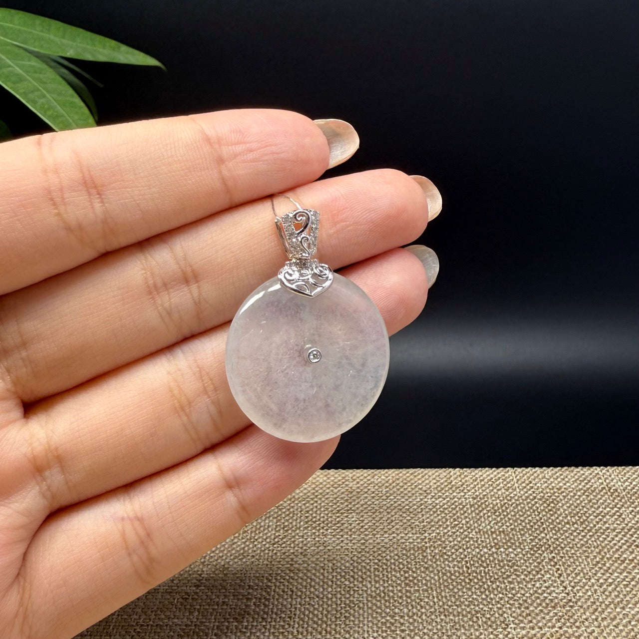 "Good Luck Button" Icy Jadeite Jade Lucky KouKou Pendant With 18K White Gold Bail